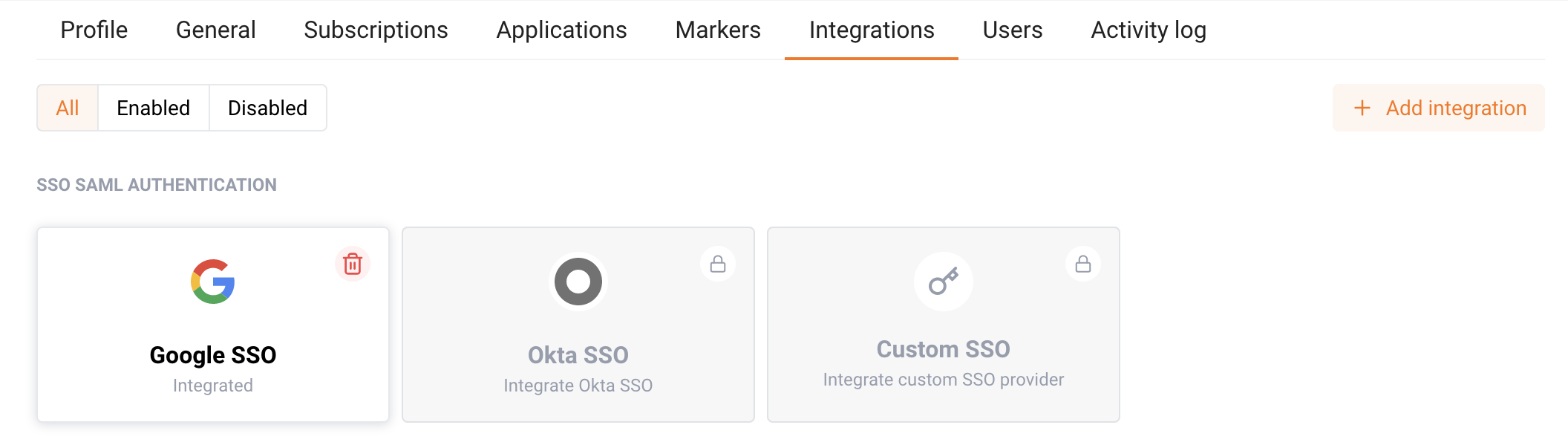 The “Integration” tab after finishing the SSO wizard