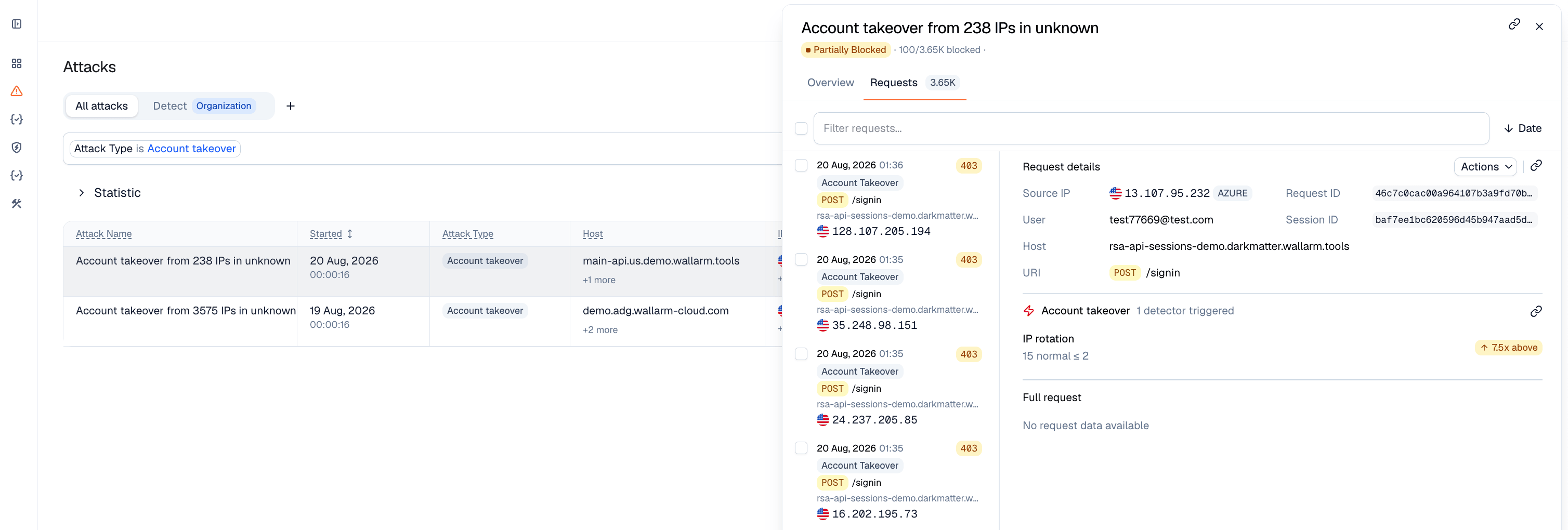 Account takeover attack - triggered detector with its value