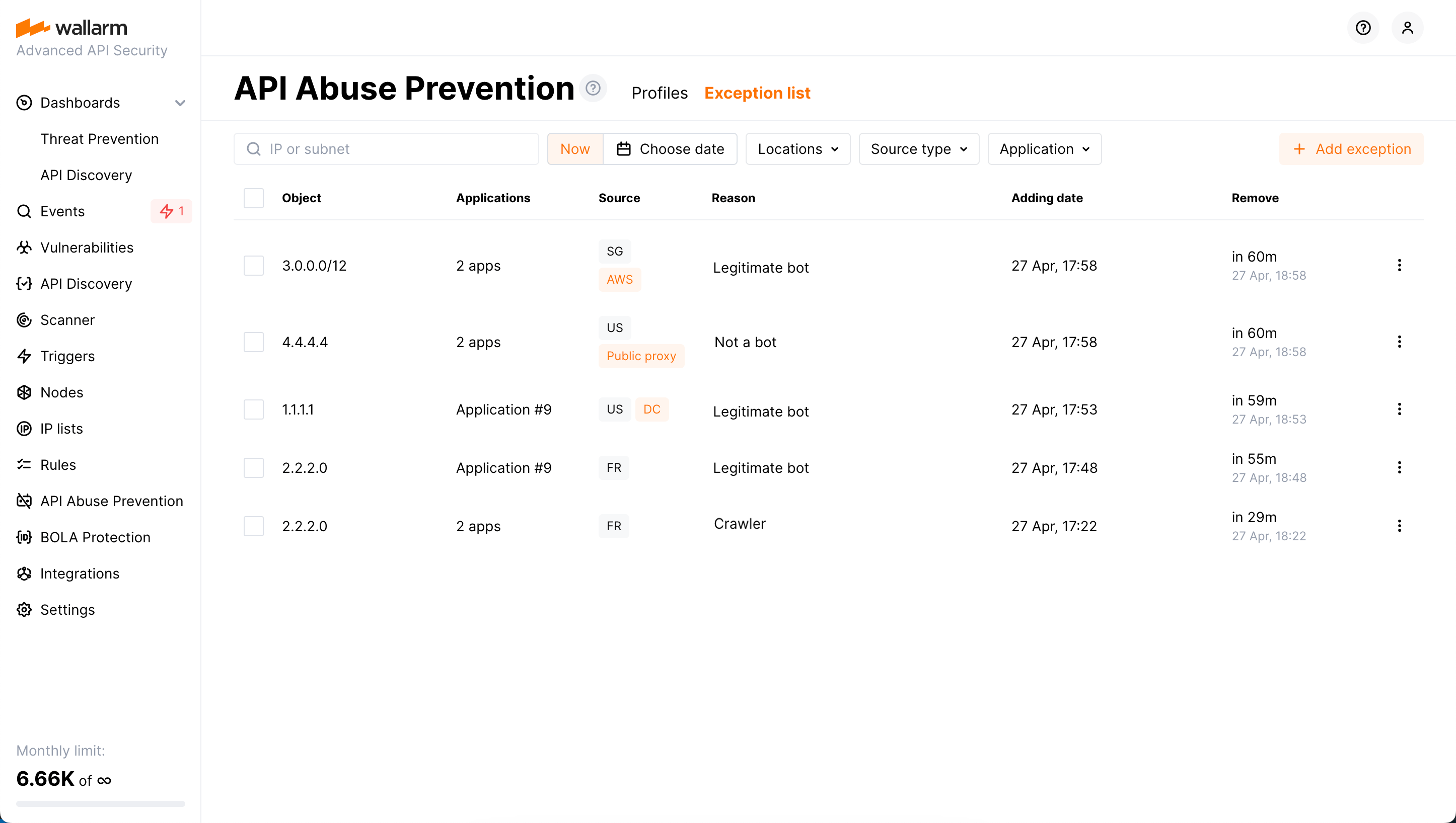API Abuse prevention - Exception list