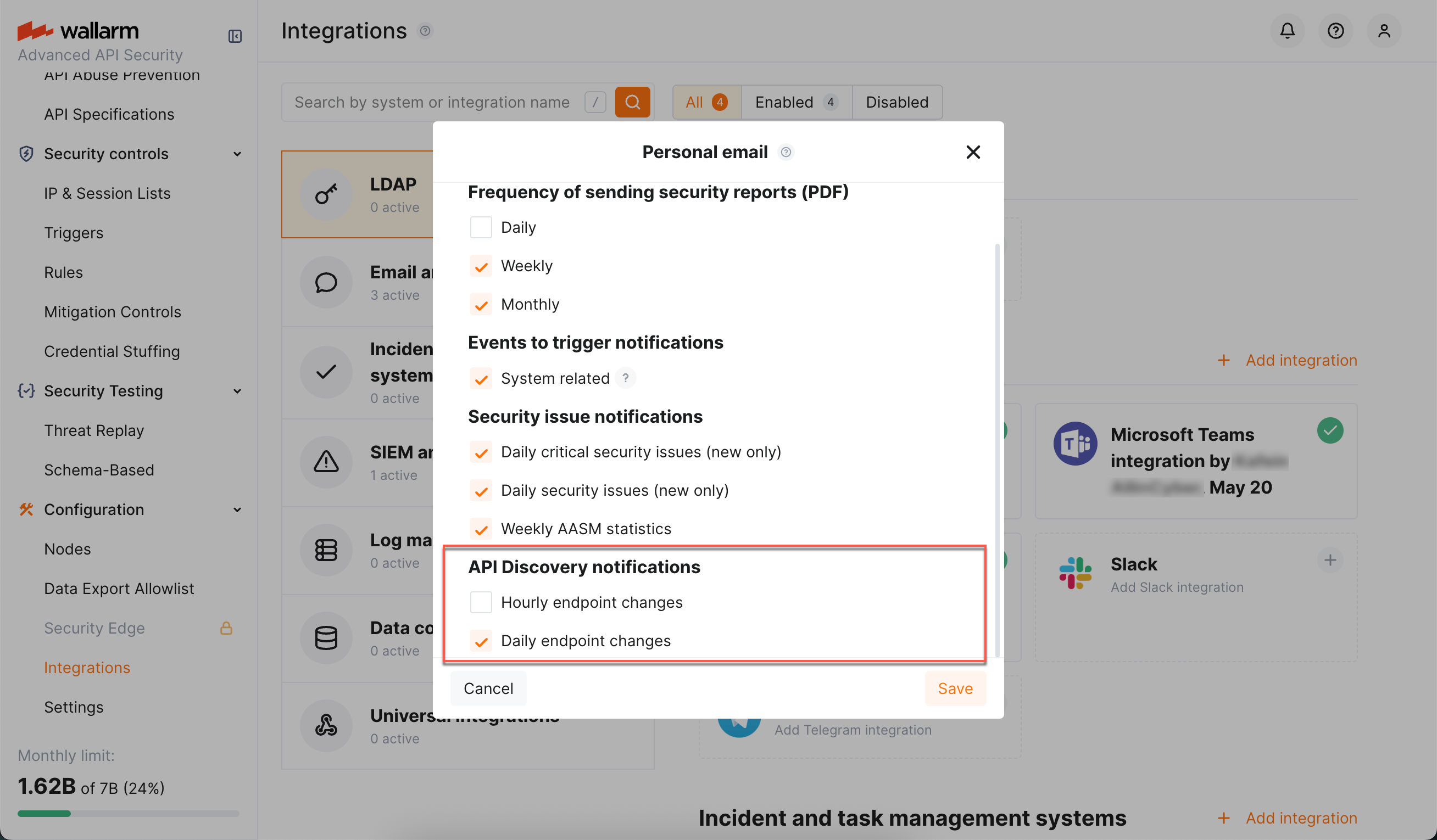API Discovery - email notification settings