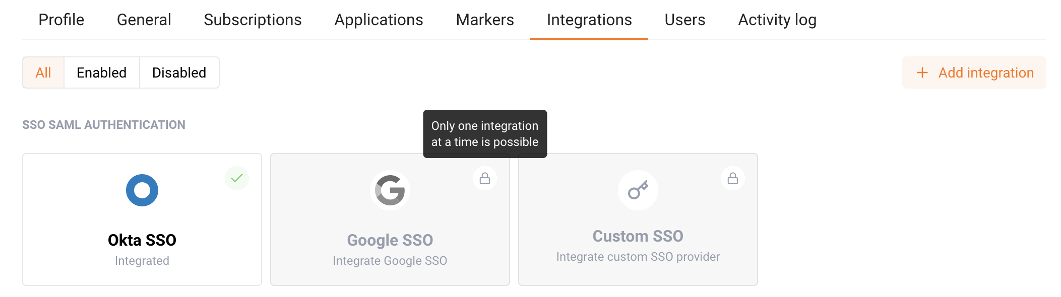 The “Integration” tab after finishing the SSO wizard