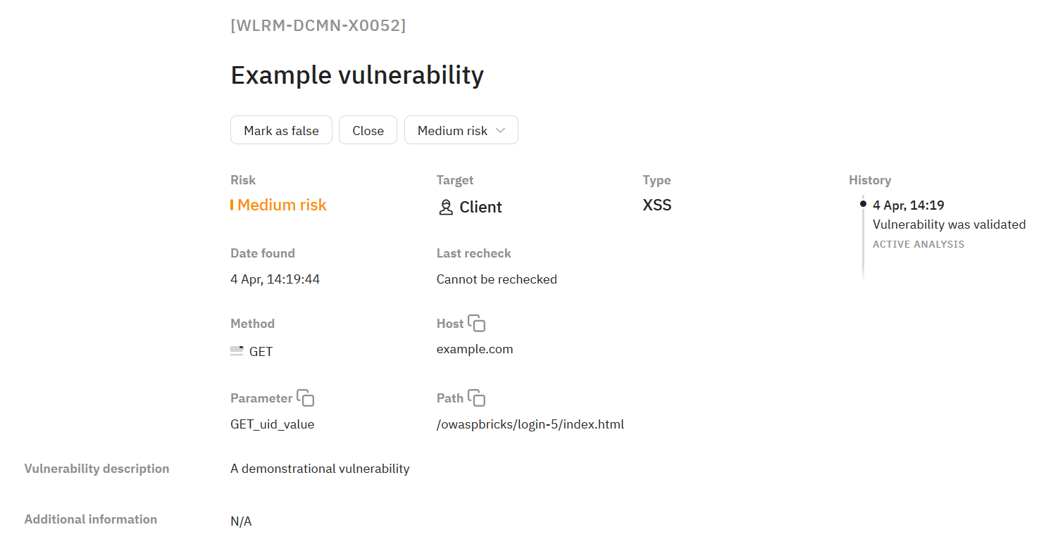 Detailed description of the vulnerability on the Wallarm web interface
