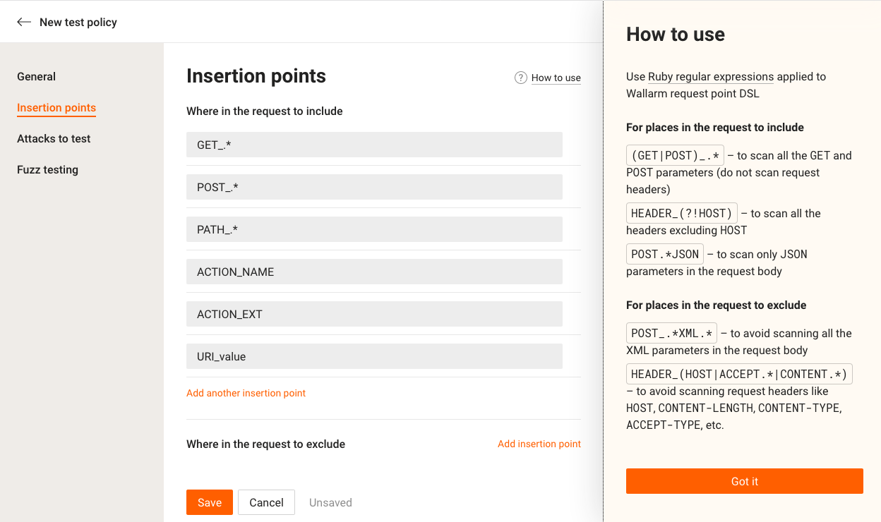 Test policy wizard: the “Insertion points” tab.