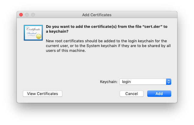 Keychain Access “Add Certificates” window