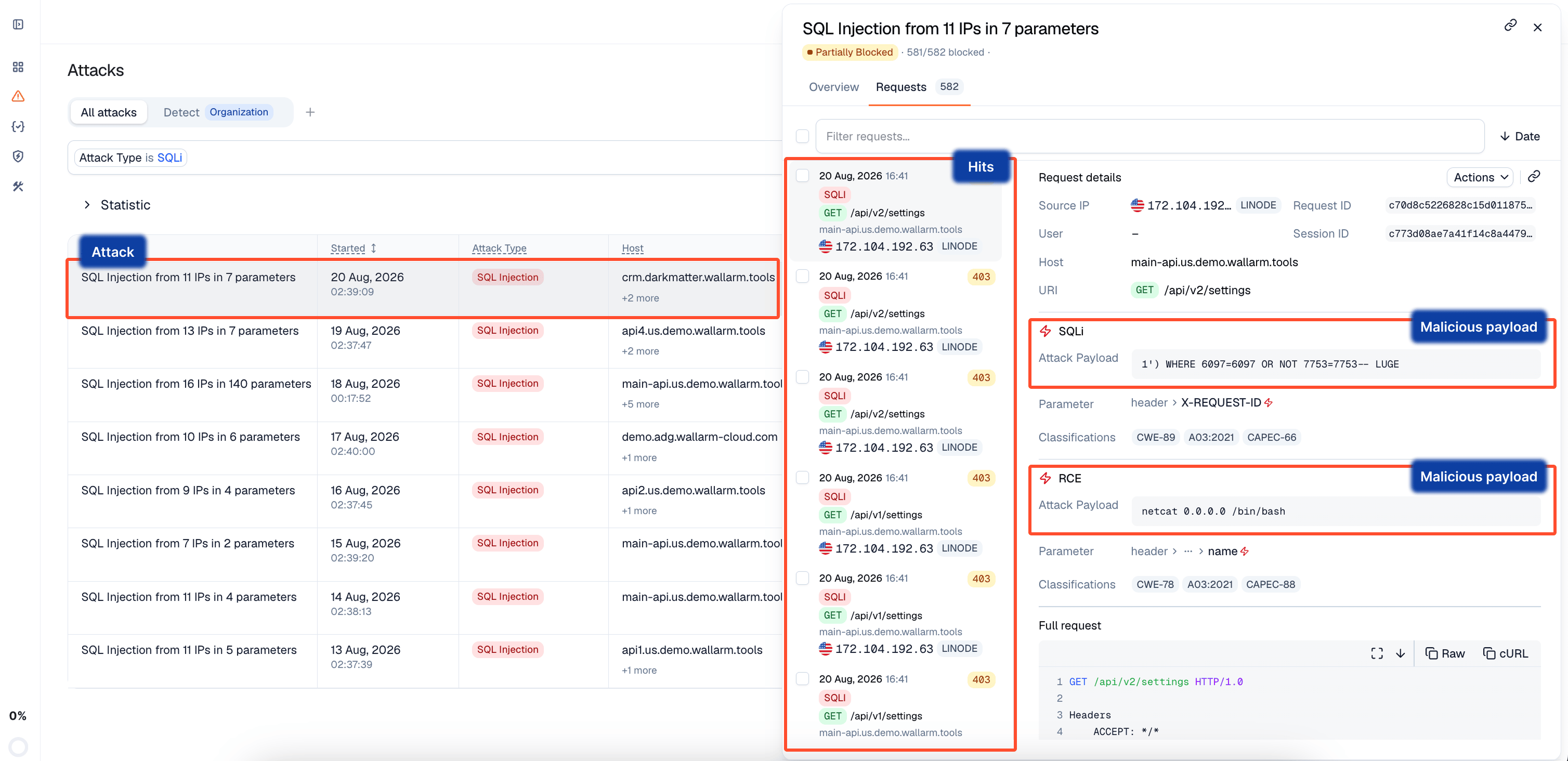 Attack components in Wallarm Console