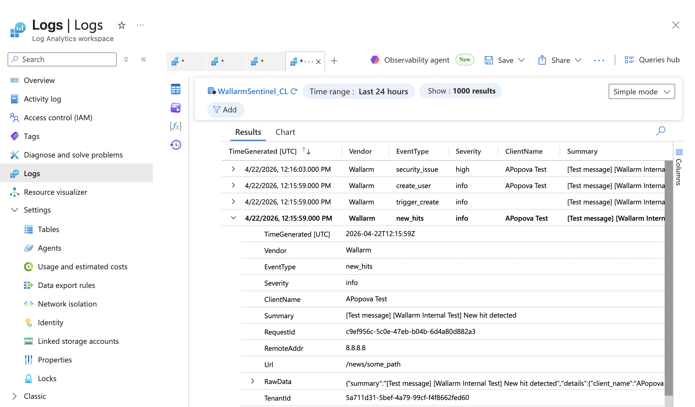 Wallarm logs in Microsoft Azure