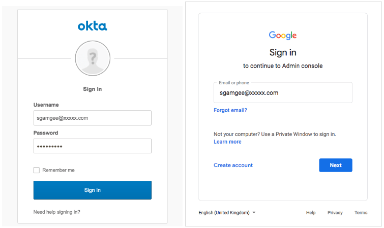 Okta and G Suite login pages