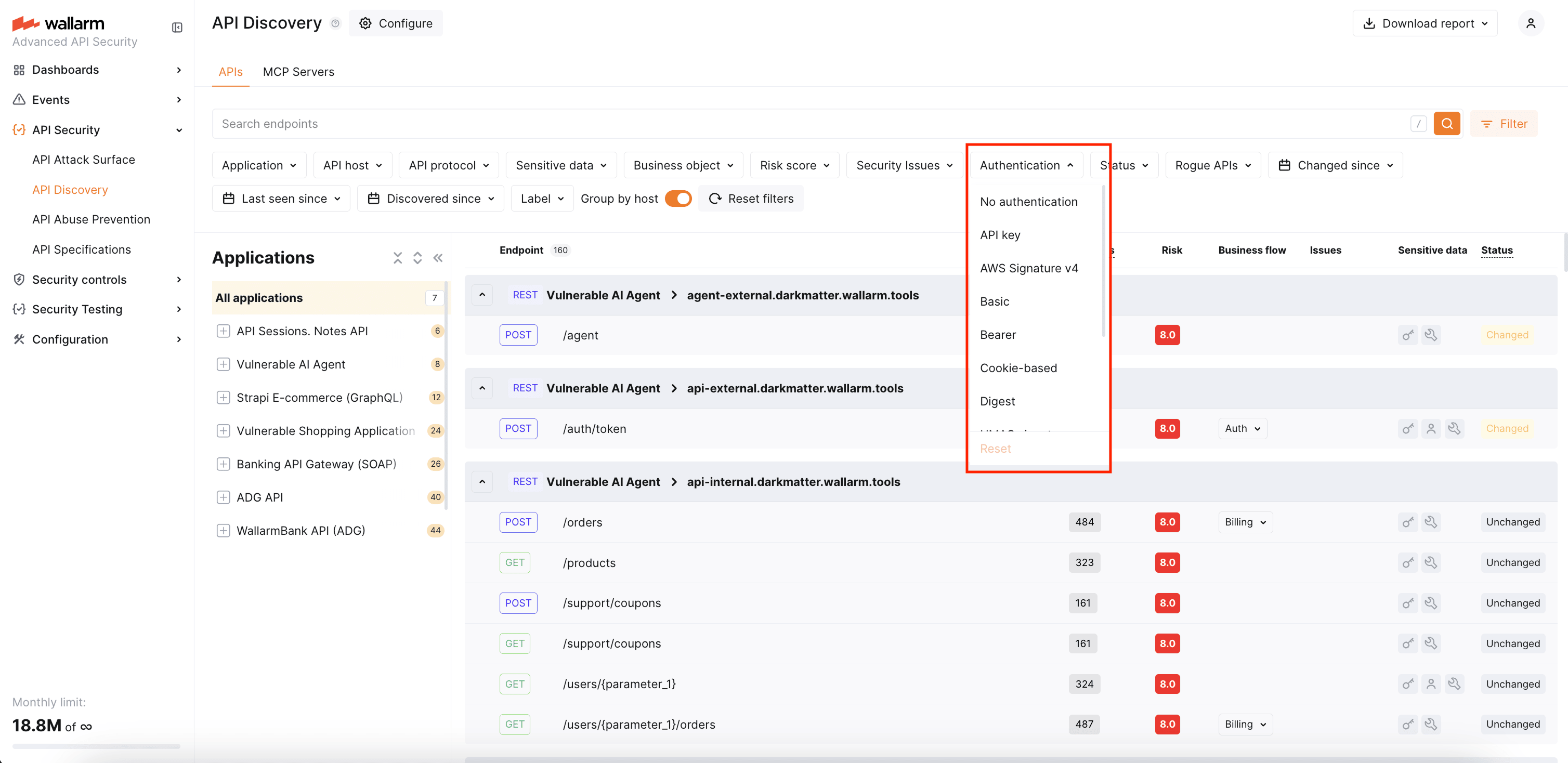 API Inventory: Auth flow filter