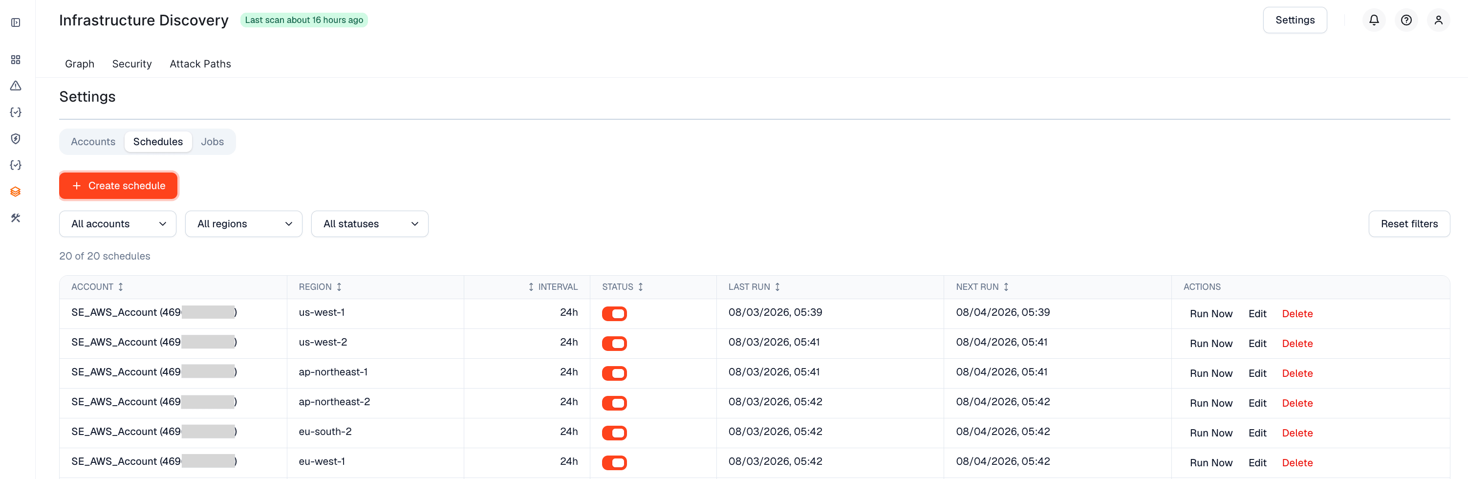 Schedules tab in Settings