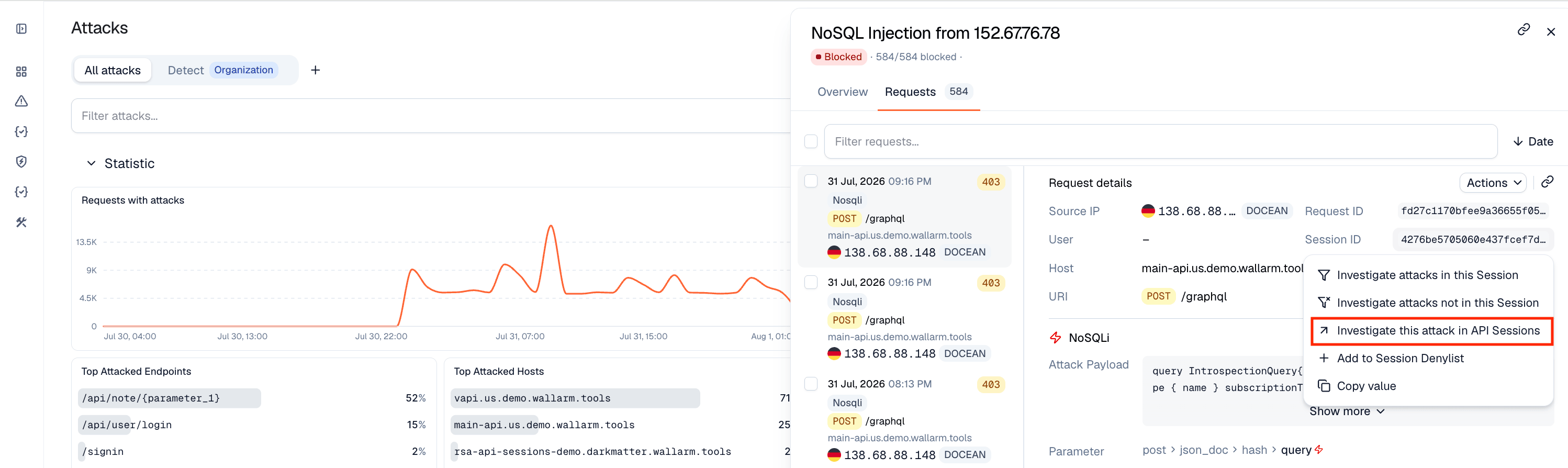 Investigating an attack request in API Sessions