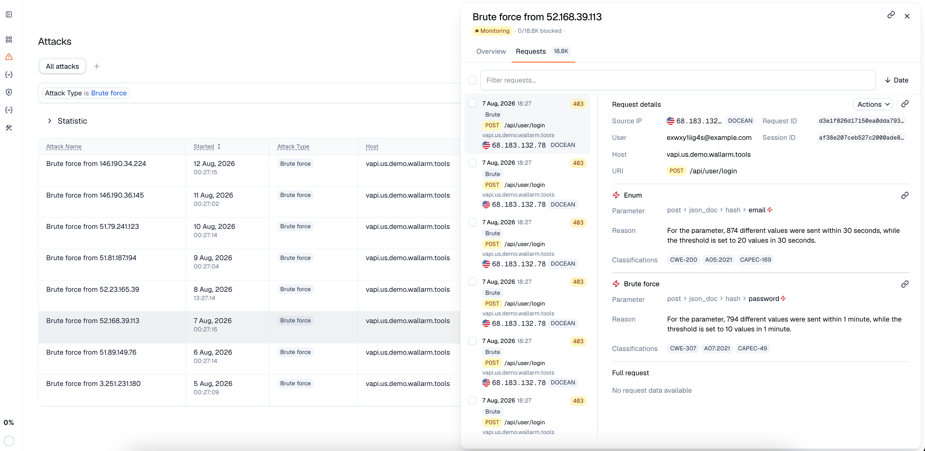 Enumeration attack (brute force) in Attacks section
