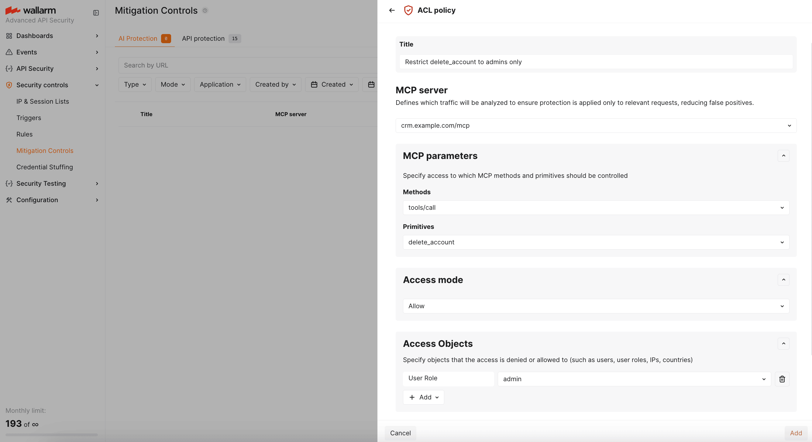 MCP mitigation control example: Restrict delete_account to admins only