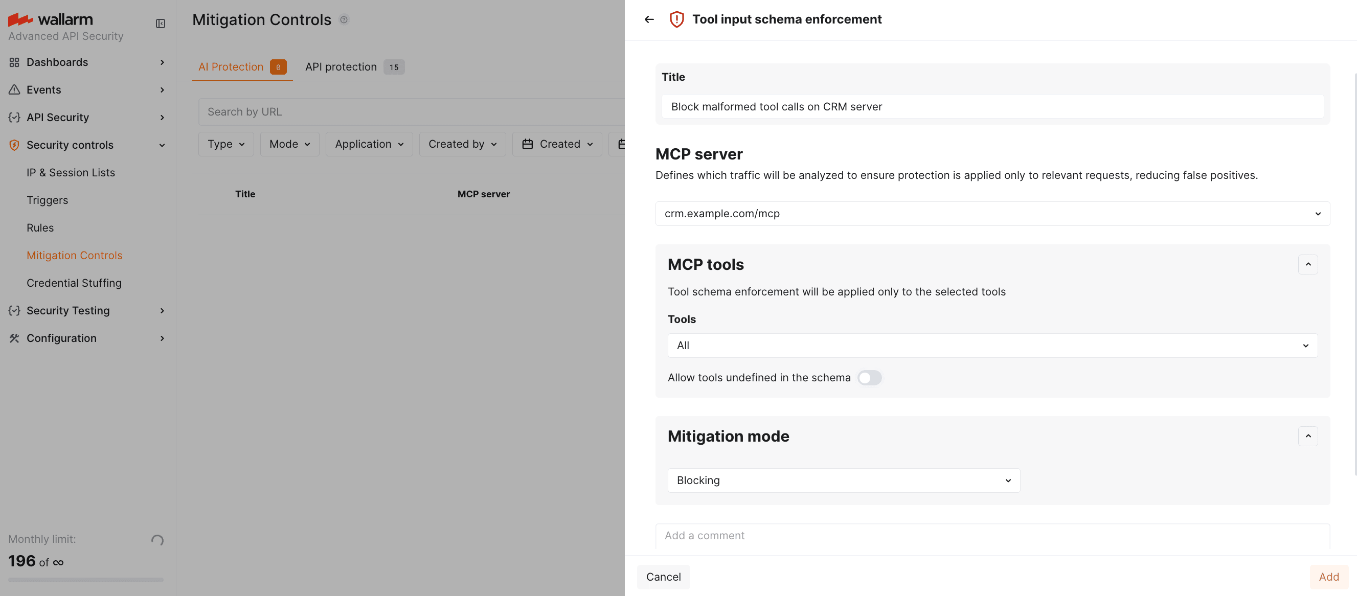 MCP mitigation control example: Block malformed tool calls on CRM server