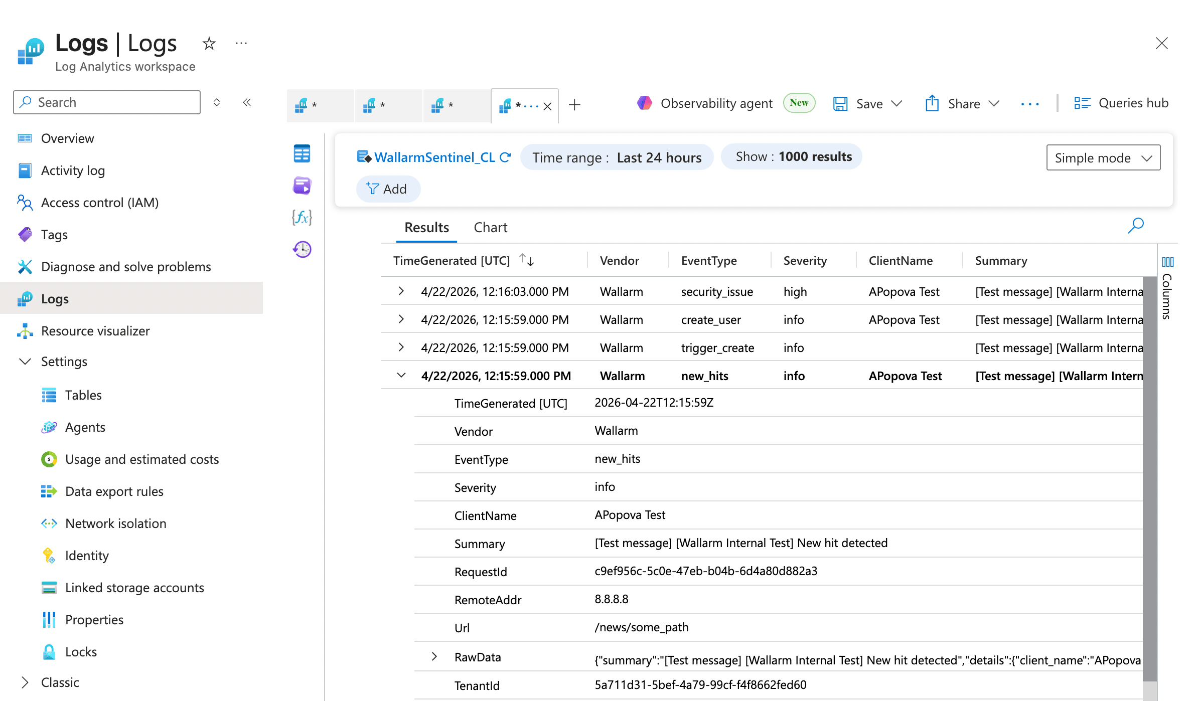 Wallarm logs in Microsoft Azure
