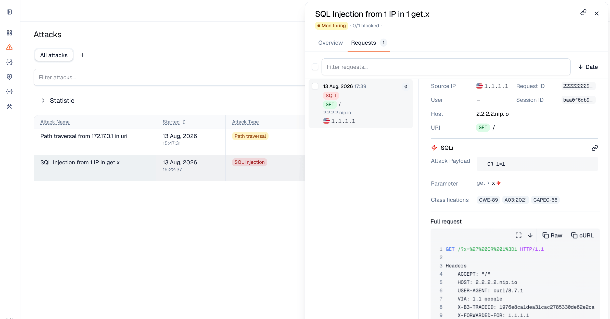 SQLi attacks in the interface (Apigee APIM connector for Wallarm)