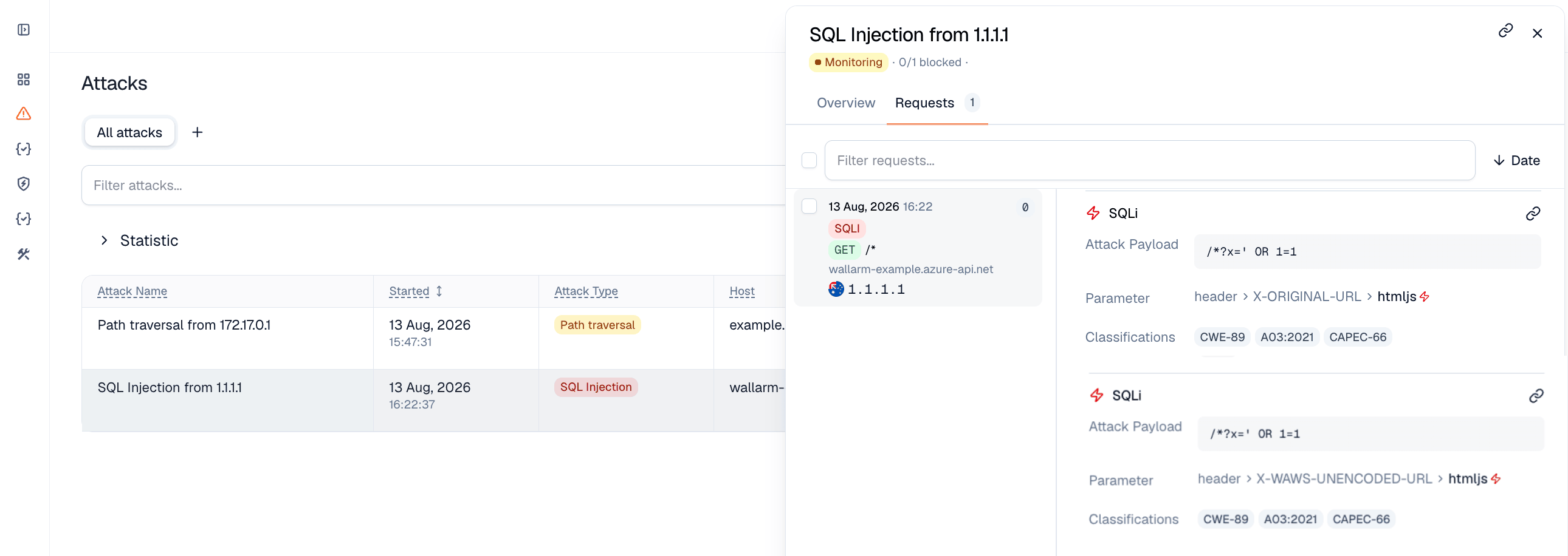 SQLi attacks in the interface (Azure APIM connector for Wallarm)
