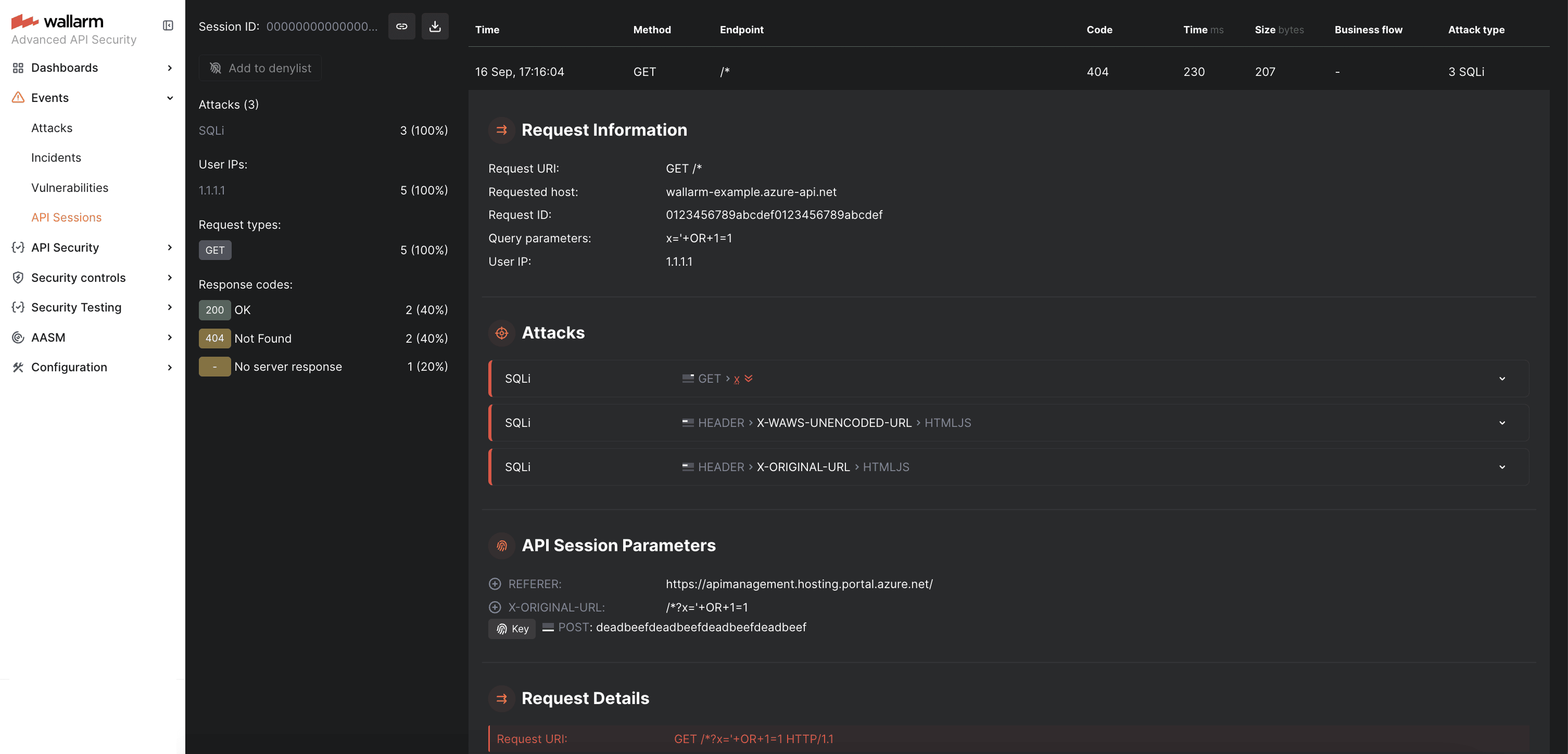 Wallarm Console: malicious request in API Sessions